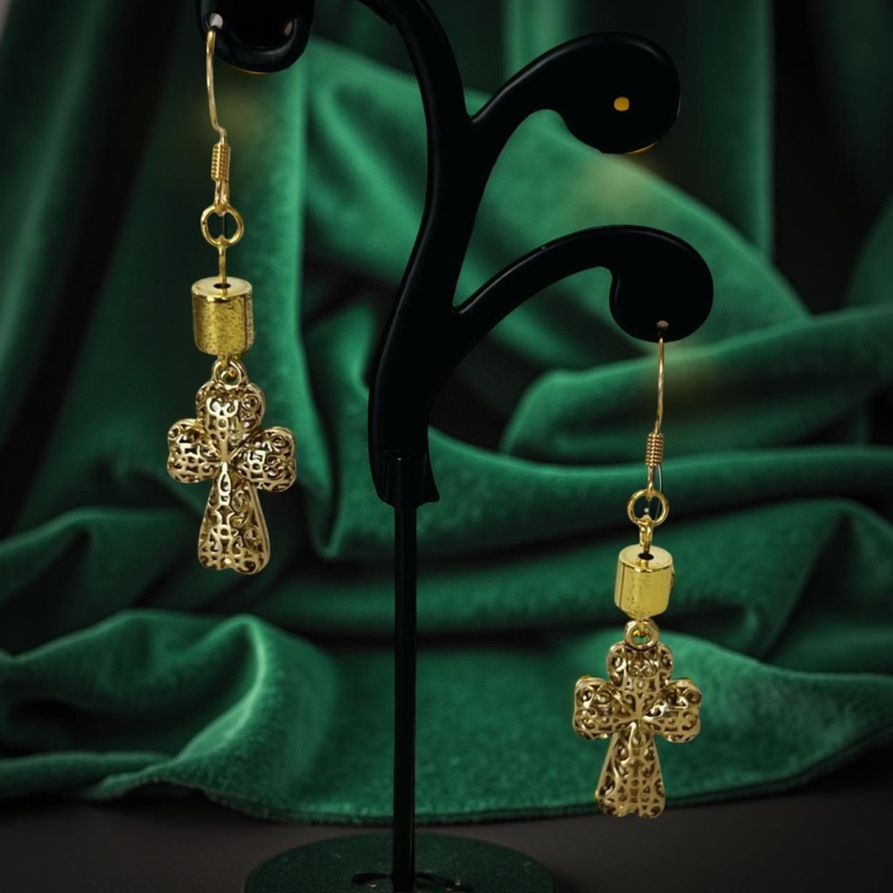 Gold Tone Puff Cross Earrings